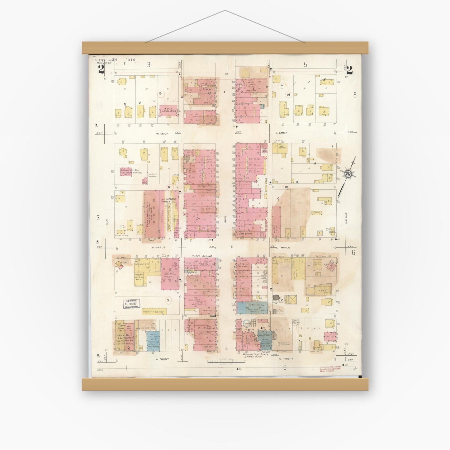 Old map wall art mockup — magnetic wood frame on white wall — Sanborn Fire Insurance Map from Slater, Saline County, Missouri (1944), Sheet #0002
