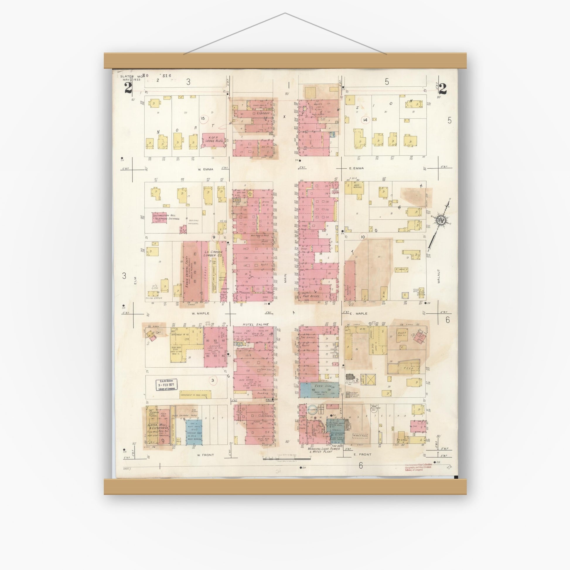 Old map wall art mockup — magnetic wood frame on white wall — Sanborn Fire Insurance Map from Slater, Saline County, Missouri (1944), Sheet #0002