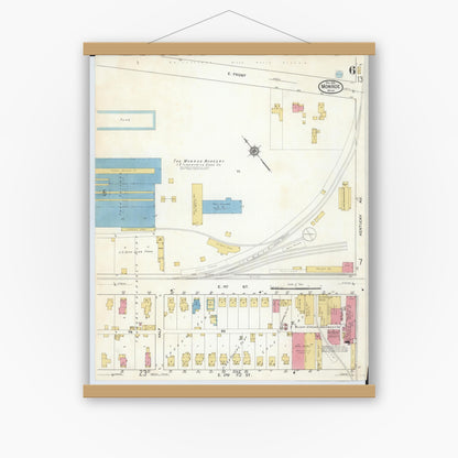 Old map wall art mockup — magnetic wood frame on white wall — Sanborn Fire Insurance Map from Monroe, Monroe County, Michigan (1916), Sheet #0006