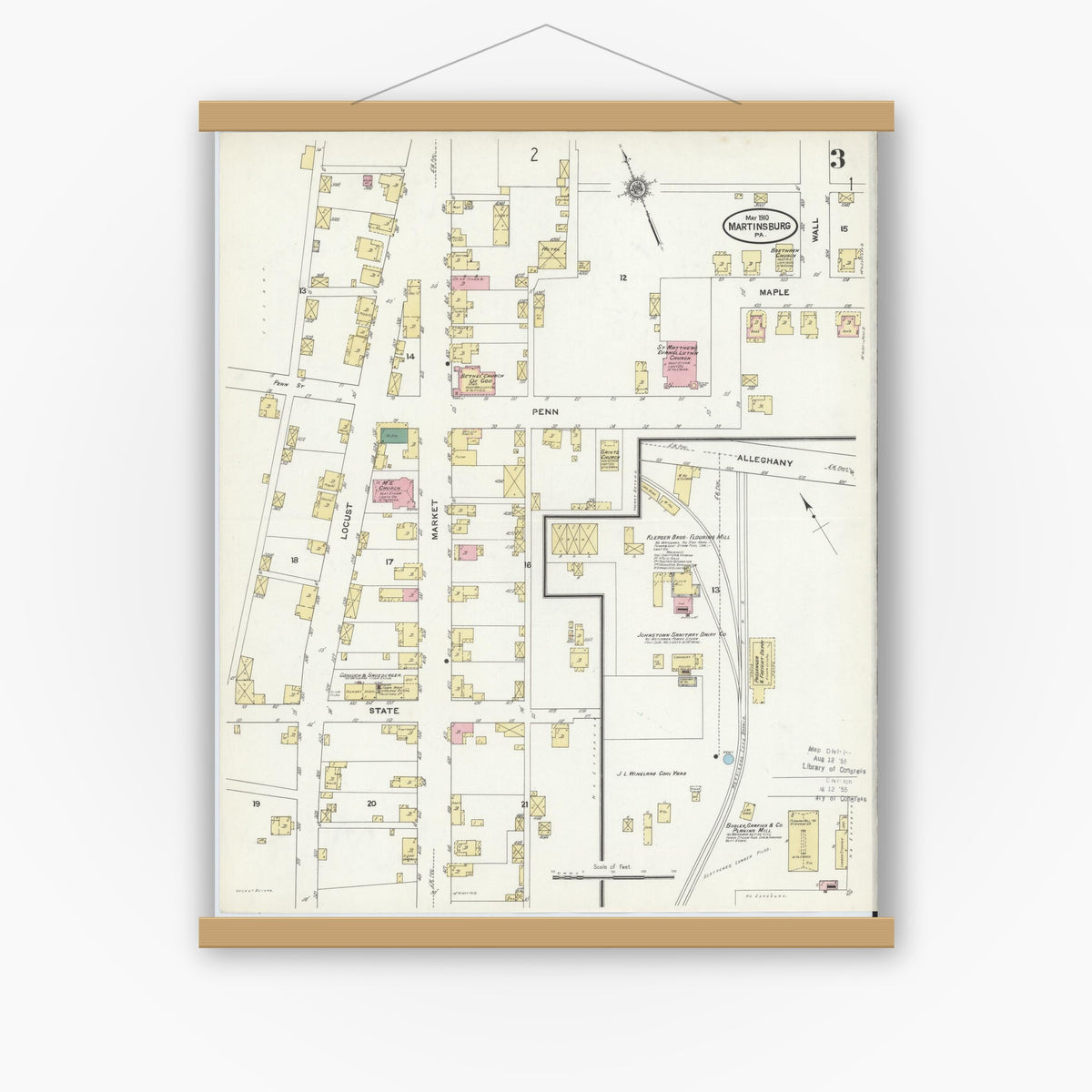 Old map wall art mockup — magnetic wood frame on white wall — Sanborn Fire Insurance Map from Martinsburg, Blair County, Pennsylvania (1910), Sheet #0003