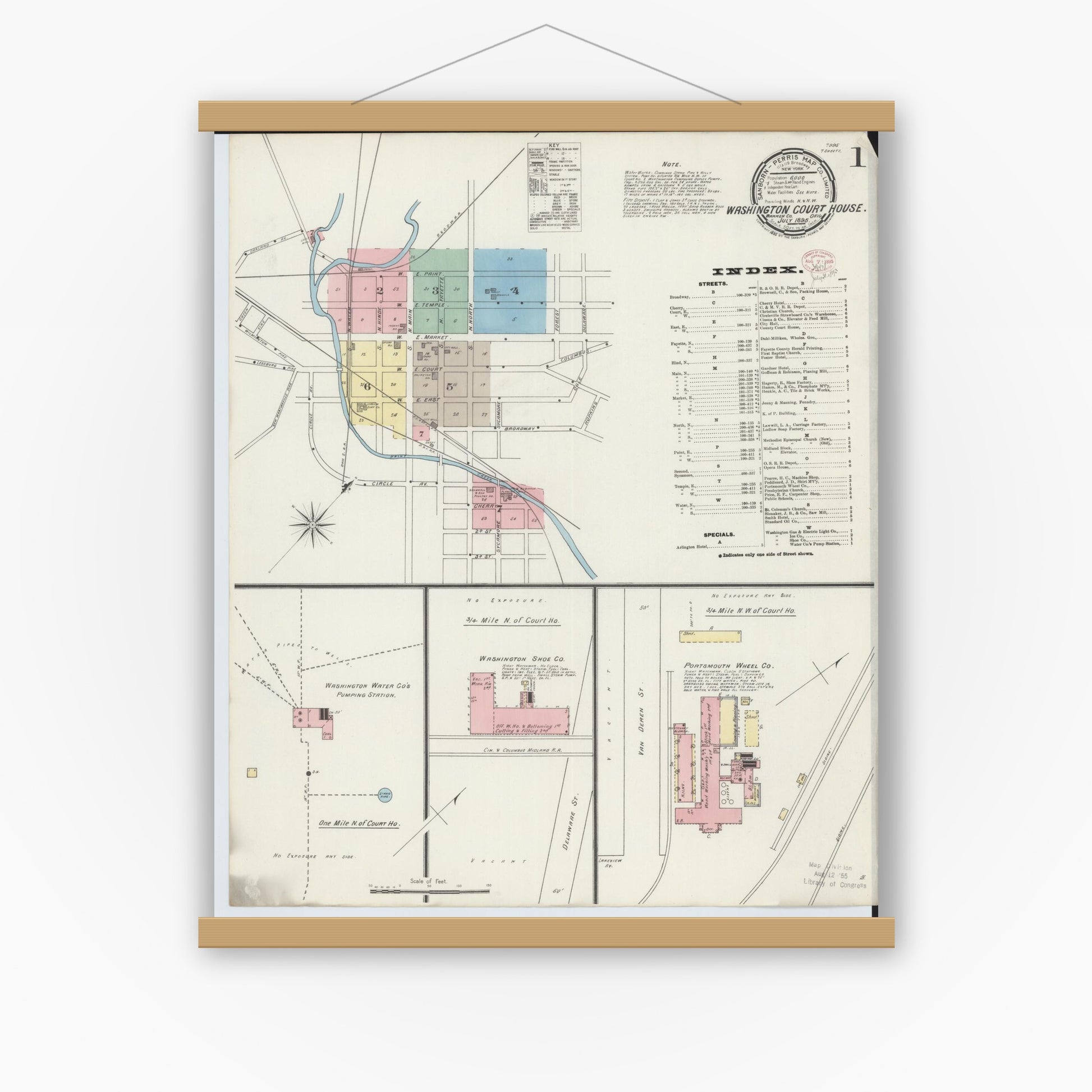 Old map wall art mockup — magnetic wood frame on white wall — Sanborn Fire Insurance Map from Washington Court House, Fayette County, Ohio (1895), Sheet #0001