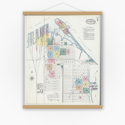 Old map wall art mockup — magnetic wood frame on white wall — Sanborn Fire Insurance Map from Superior, Douglas County, Wisconsin (1889) - Complete Map Set