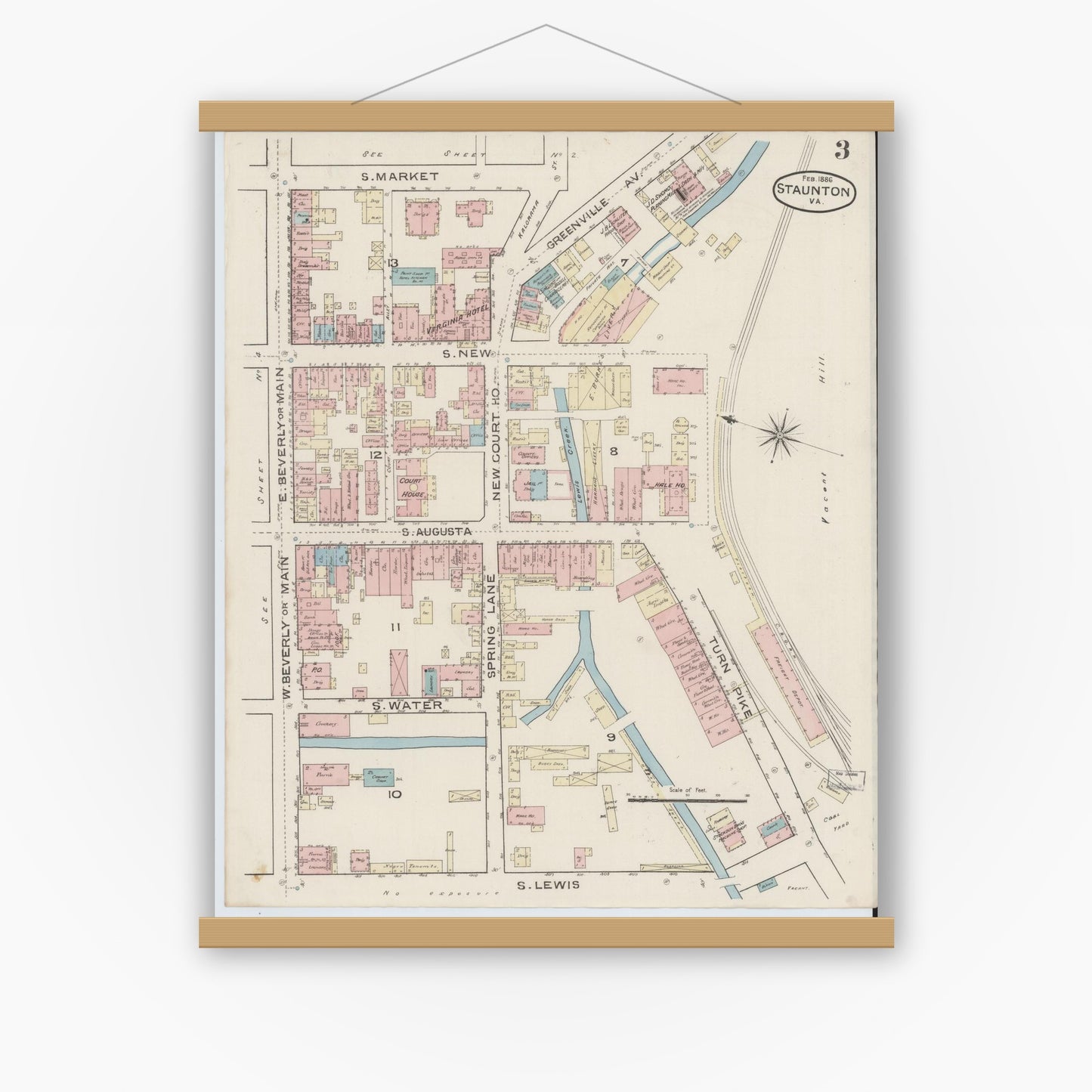 Old map wall art mockup — magnetic wood frame on white wall — Sanborn Fire Insurance Map from Staunton, Independent Cities, Virginia (1886), Sheet #0003