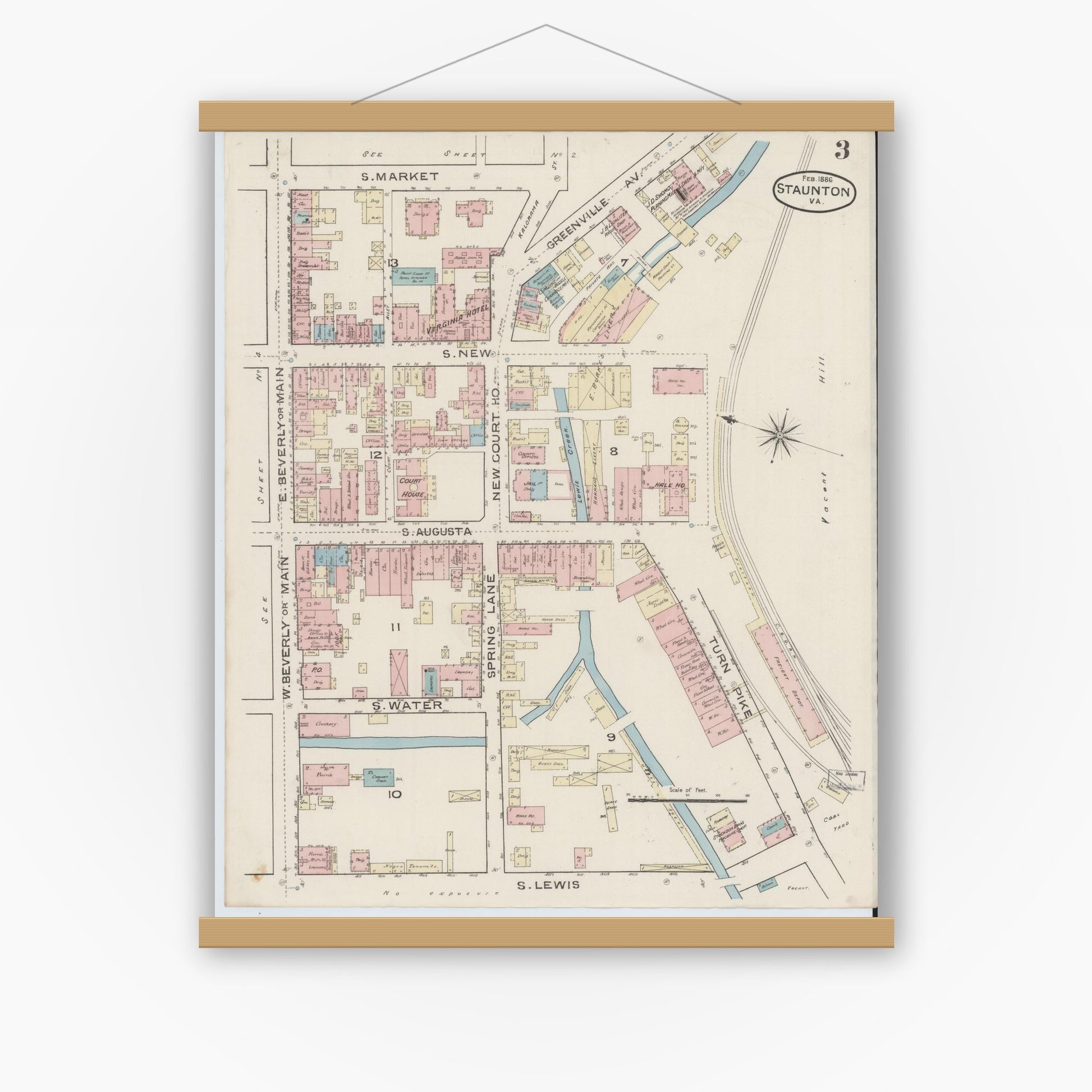 Old map wall art mockup — magnetic wood frame on white wall — Sanborn Fire Insurance Map from Staunton, Independent Cities, Virginia (1886), Sheet #0003