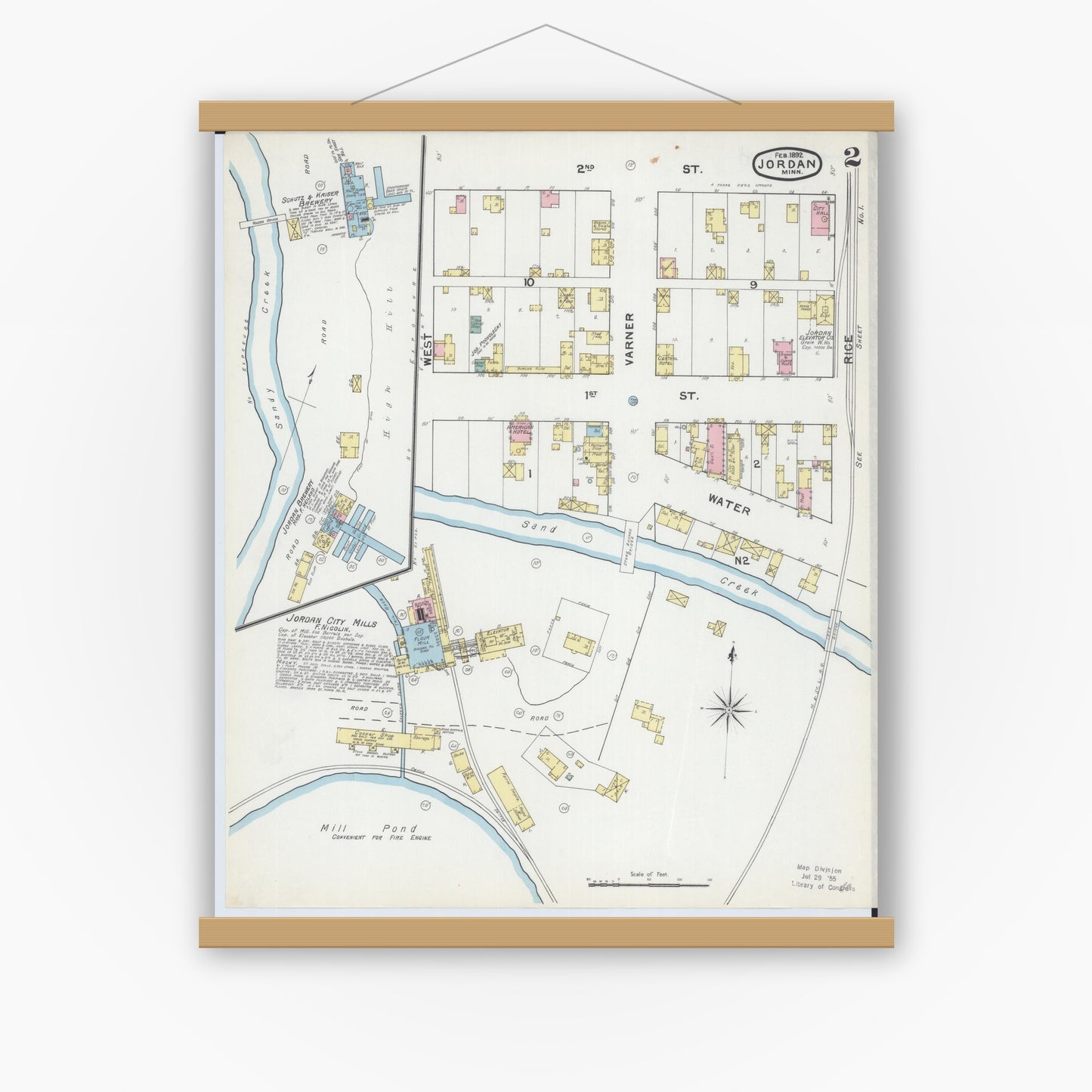 Old map wall art mockup — magnetic wood frame on white wall — Sanborn Fire Insurance Map from Jordan, Scott County, Minnesota (1892), Sheet #0002