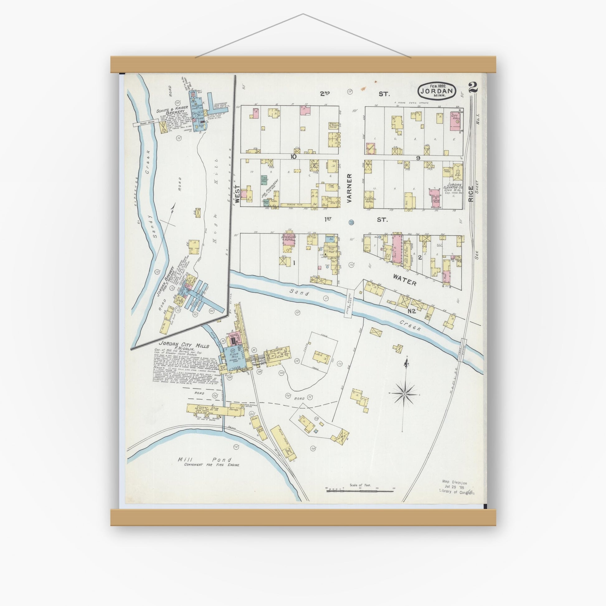 Old map wall art mockup — magnetic wood frame on white wall — Sanborn Fire Insurance Map from Jordan, Scott County, Minnesota (1892), Sheet #0002