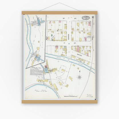 Old map wall art mockup — magnetic wood frame on white wall — Sanborn Fire Insurance Map from Jordan, Scott County, Minnesota (1892), Sheet #0002