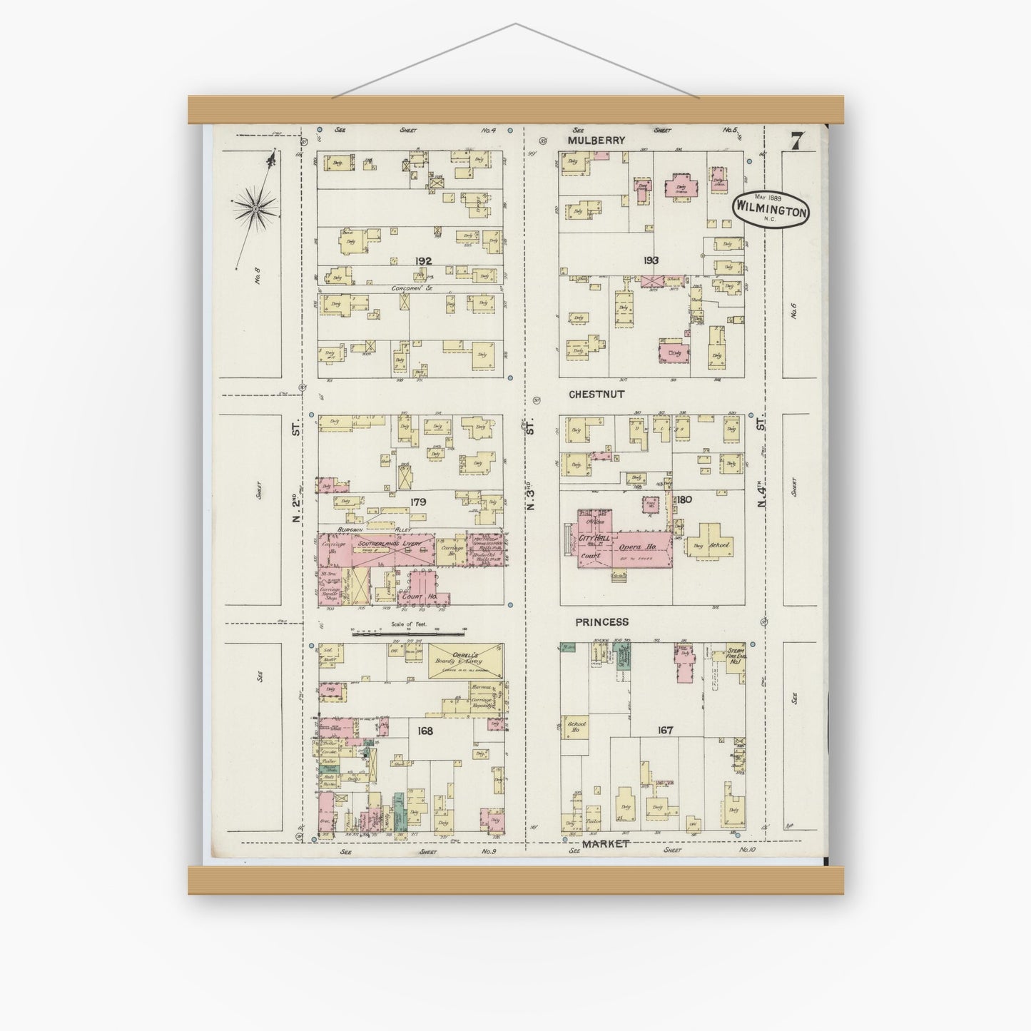 Old map wall art mockup — magnetic wood frame on white wall — Sanborn Fire Insurance Map from Wilmington, New Hanover County, North Carolina (1889), Sheet #0007