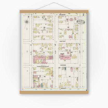 Old map wall art mockup — magnetic wood frame on white wall — Sanborn Fire Insurance Map from Wilmington, New Hanover County, North Carolina (1889), Sheet #0007
