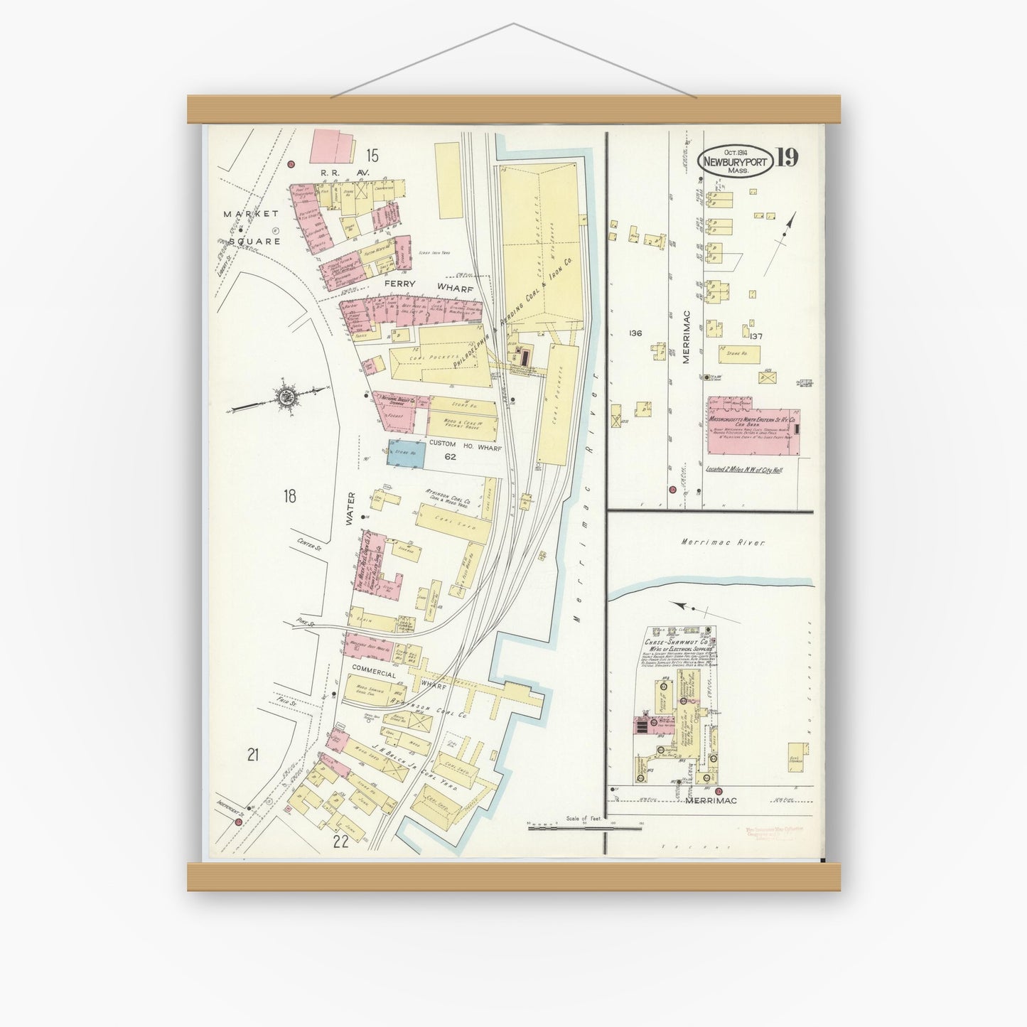 Old map wall art mockup — magnetic wood frame on white wall — Sanborn Fire Insurance Map from Newburyport, Essex County, Massachusetts (1914), Sheet #0019