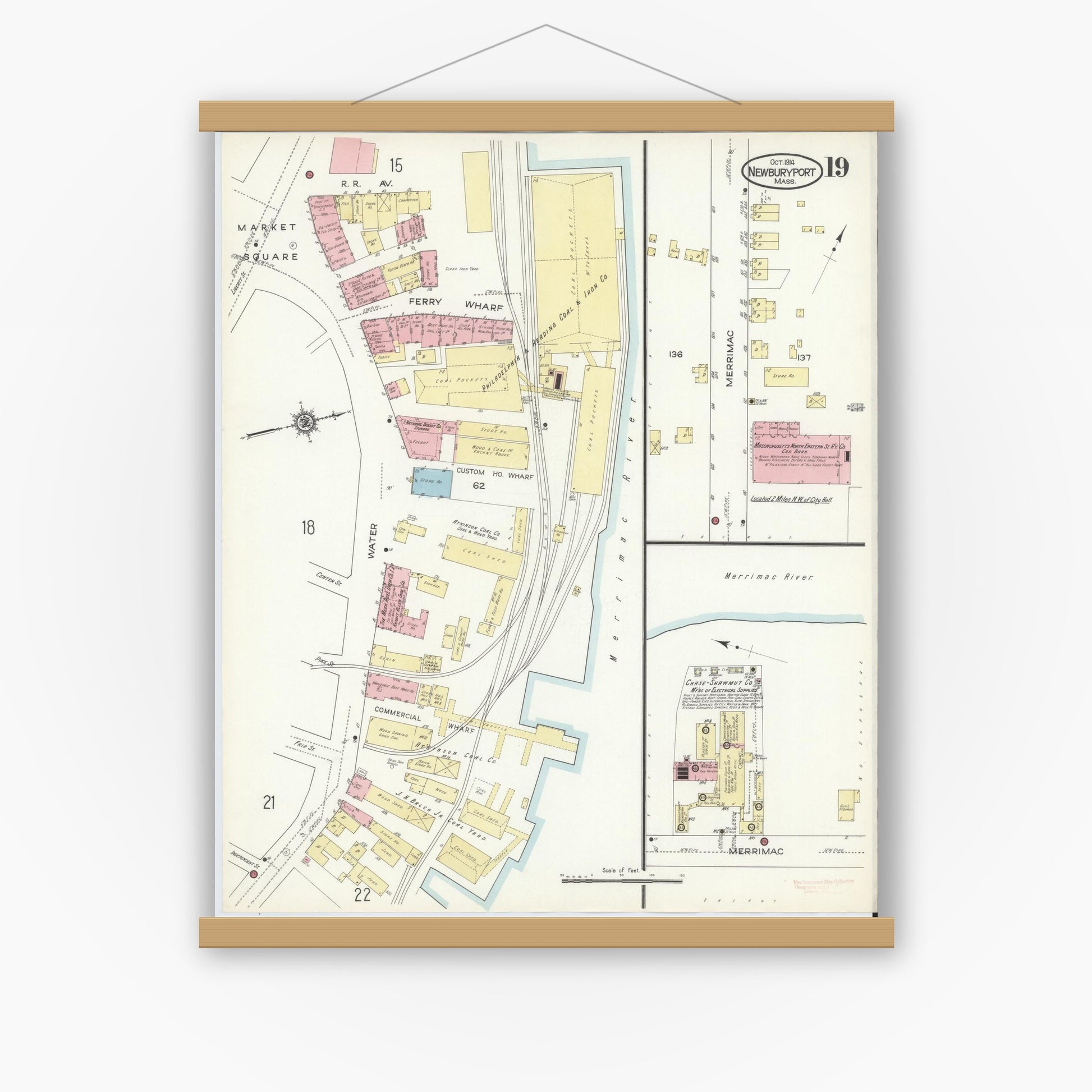 Old map wall art mockup — magnetic wood frame on white wall — Sanborn Fire Insurance Map from Newburyport, Essex County, Massachusetts (1914), Sheet #0019