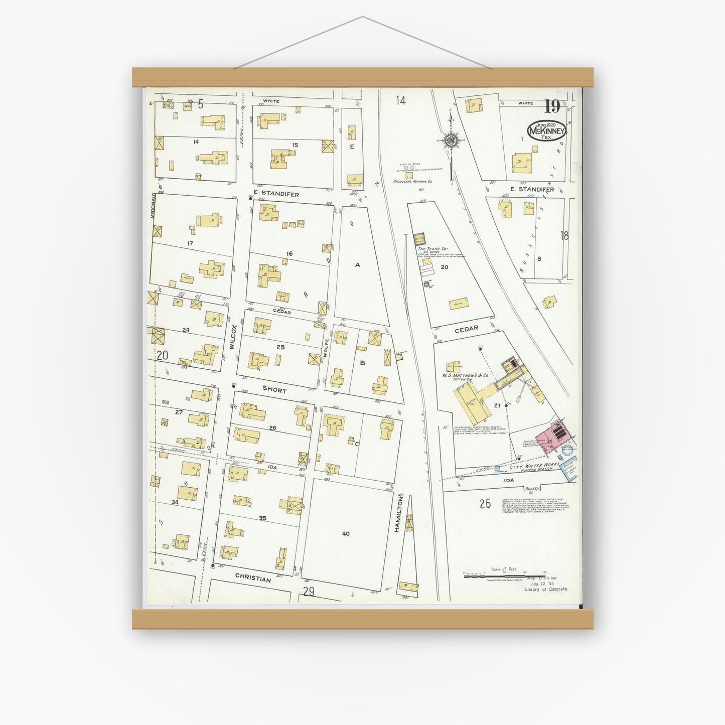 Old map wall art mockup — magnetic wood frame on white wall — Sanborn Fire Insurance Map from McKinney, Collin County, Texas (1920), Sheet #0019