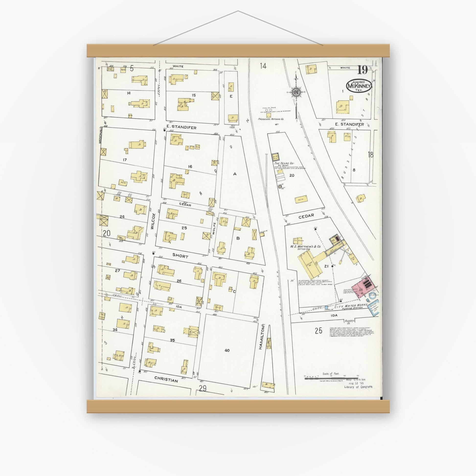 Old map wall art mockup — magnetic wood frame on white wall — Sanborn Fire Insurance Map from McKinney, Collin County, Texas (1920), Sheet #0019