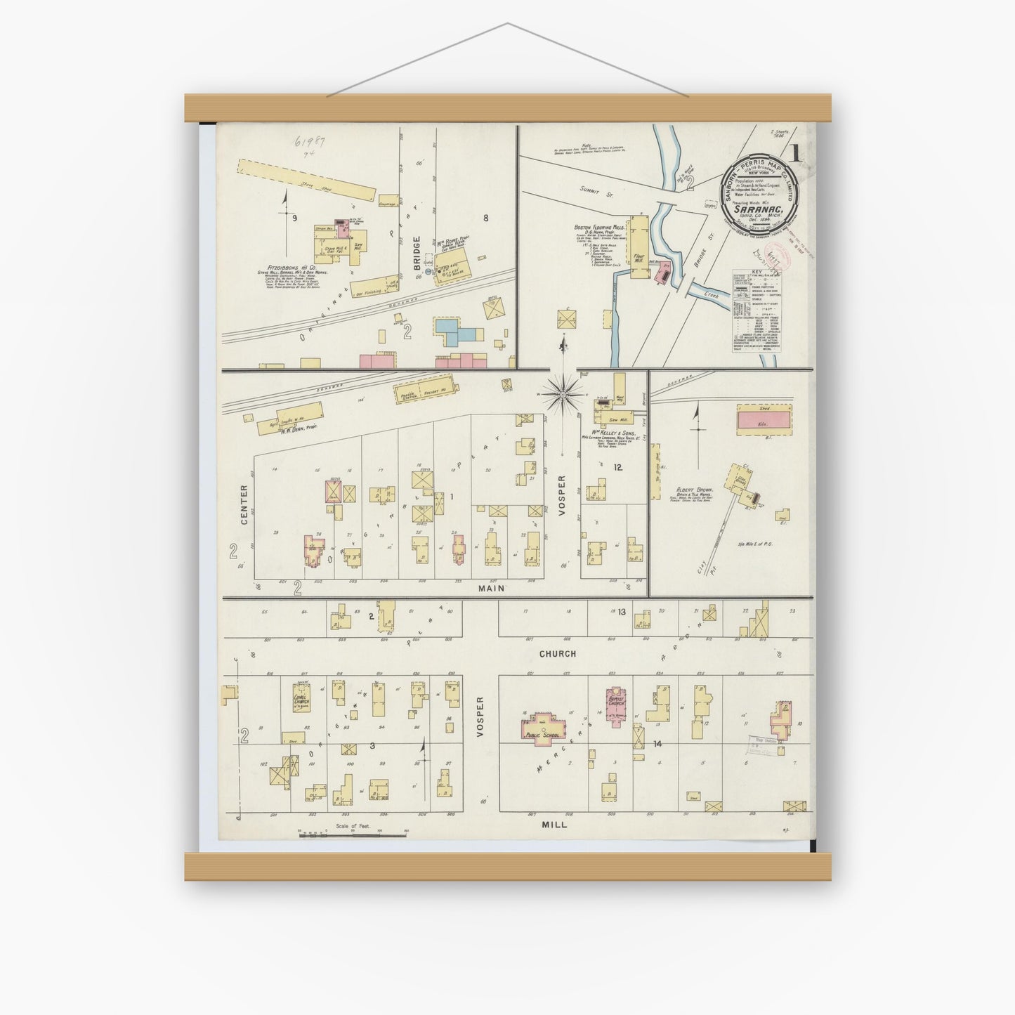 Old map wall art mockup — magnetic wood frame on white wall — Sanborn Fire Insurance Map from Saranac, Ionia County, Michigan (1894) - Complete Map Set