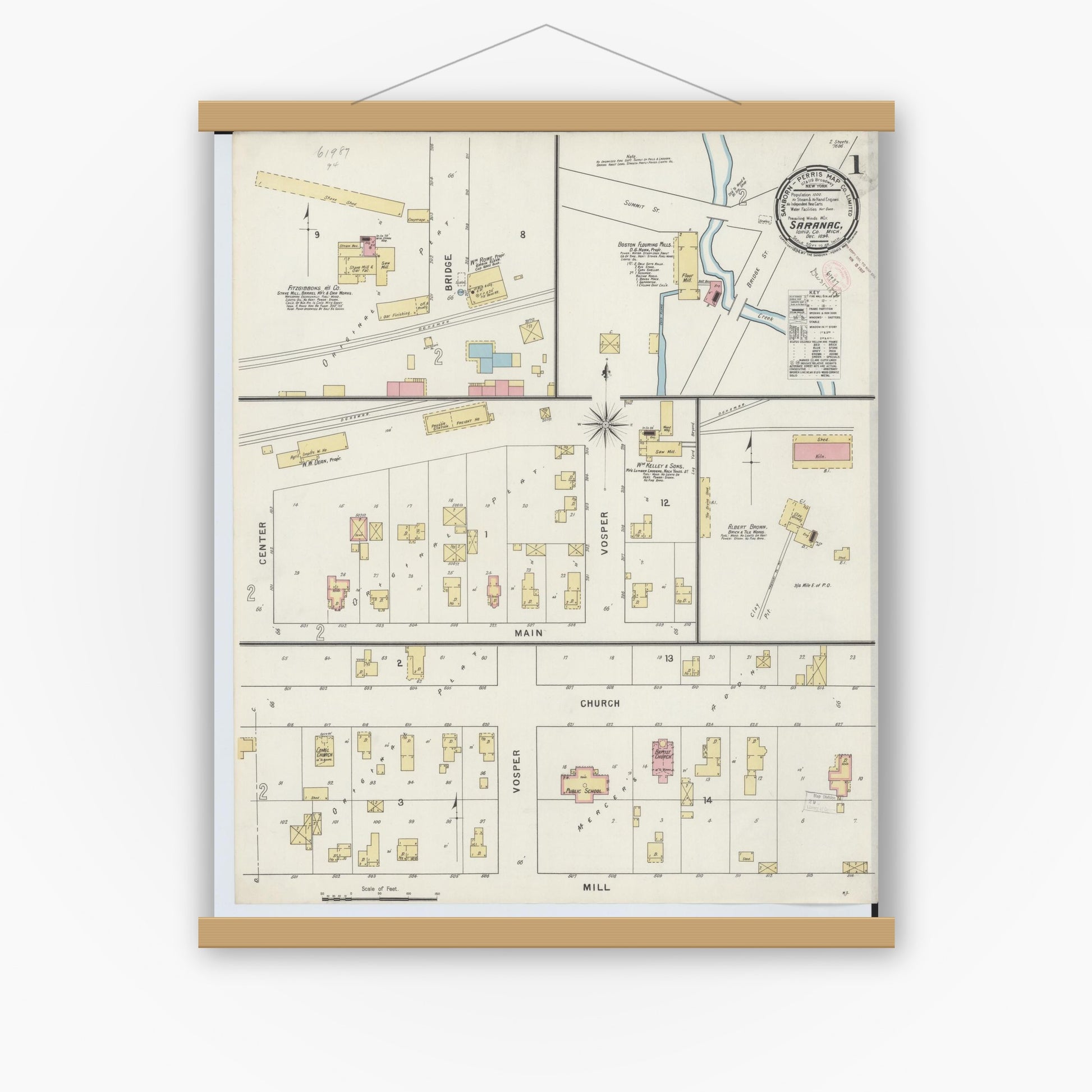 Old map wall art mockup — magnetic wood frame on white wall — Sanborn Fire Insurance Map from Saranac, Ionia County, Michigan (1894) - Complete Map Set