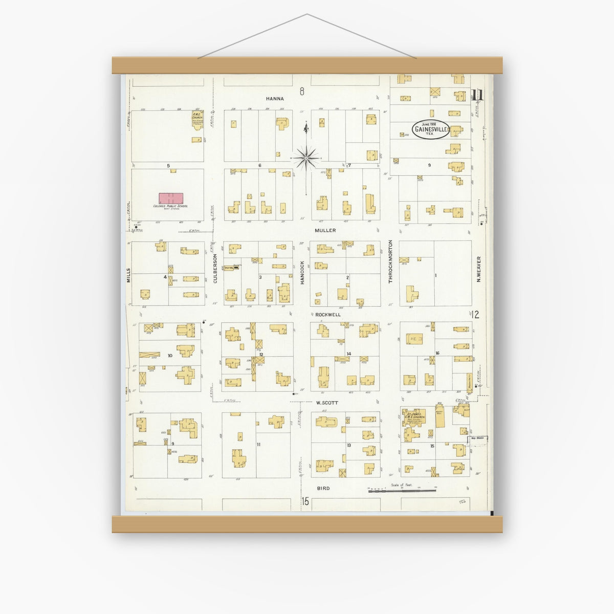 Old map wall art mockup — magnetic wood frame on white wall — Sanborn Fire Insurance Map from Gainesville, Cooke County, Texas (1908), Sheet #0011