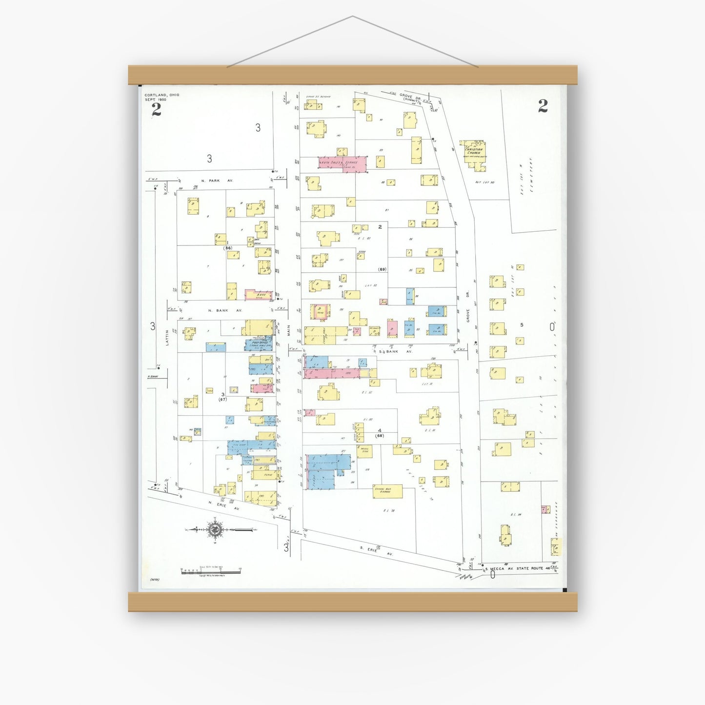 Old map wall art mockup — magnetic wood frame on white wall — Sanborn Fire Insurance Map from Cortland, Trumbull County, Ohio (1950), Sheet #0002