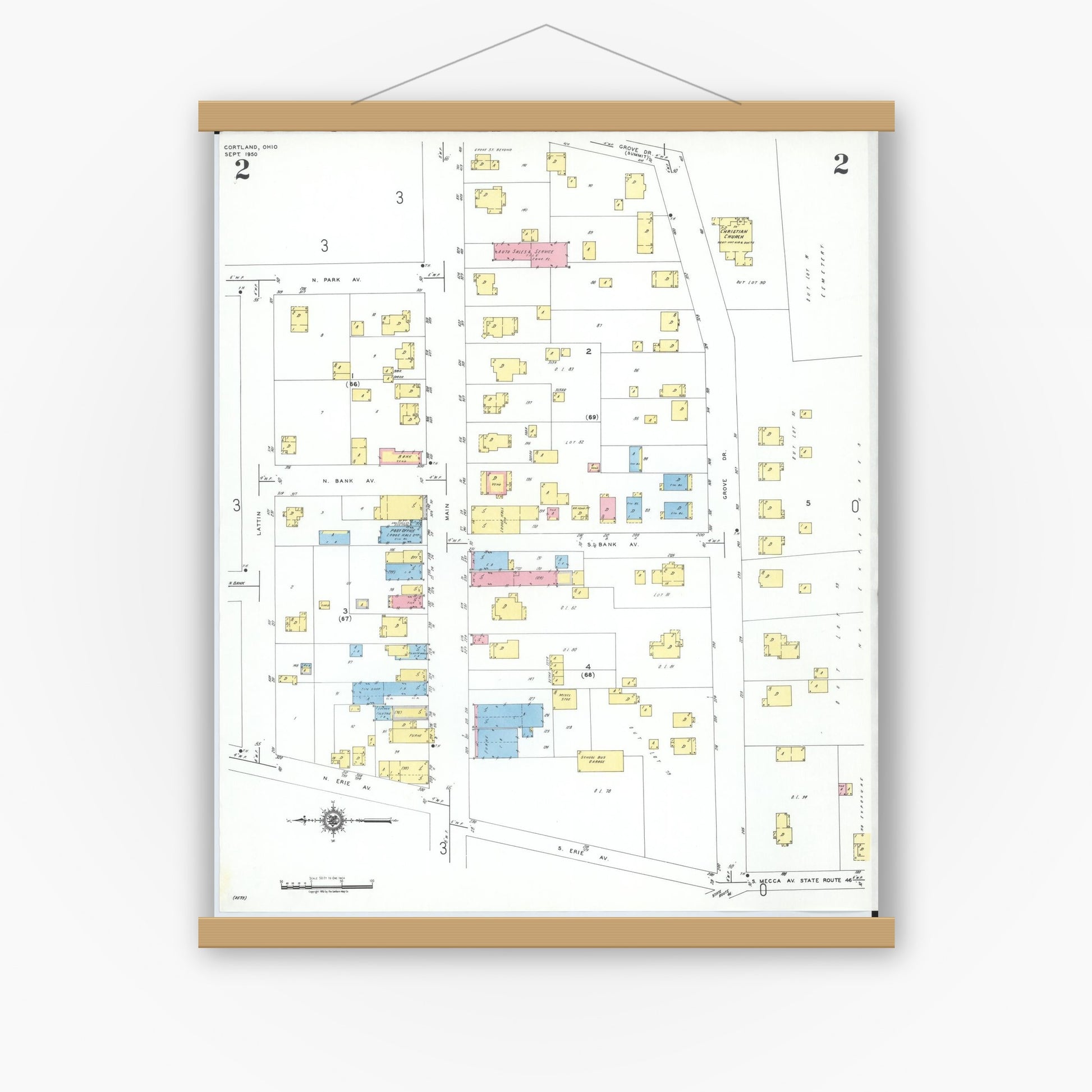 Old map wall art mockup — magnetic wood frame on white wall — Sanborn Fire Insurance Map from Cortland, Trumbull County, Ohio (1950), Sheet #0002