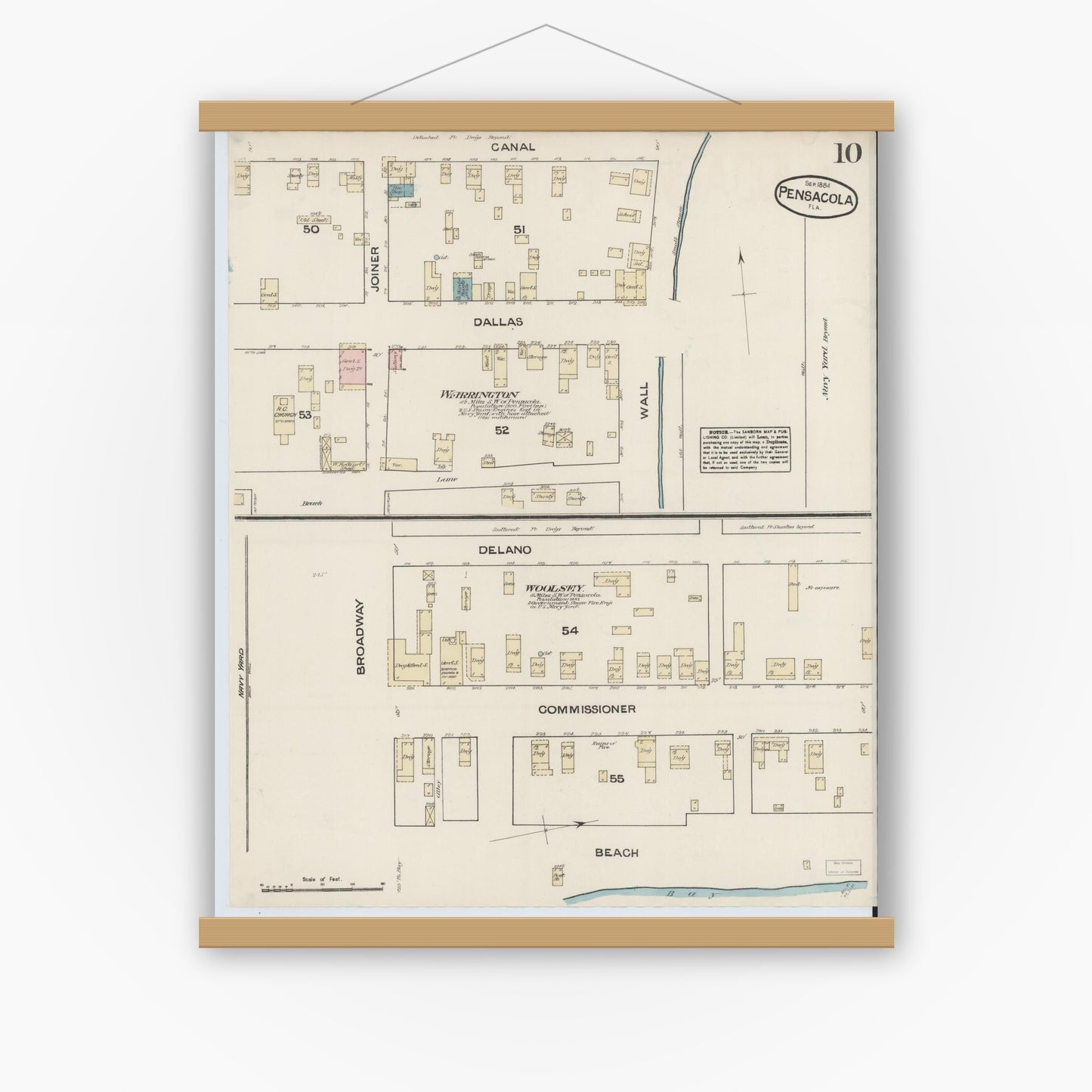 Old map wall art mockup — magnetic wood frame on white wall — Sanborn Fire Insurance Map from Pensacola, Escambia County, Florida (1884), Sheet #0010