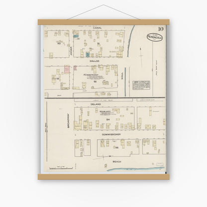 Old map wall art mockup — magnetic wood frame on white wall — Sanborn Fire Insurance Map from Pensacola, Escambia County, Florida (1884), Sheet #0010