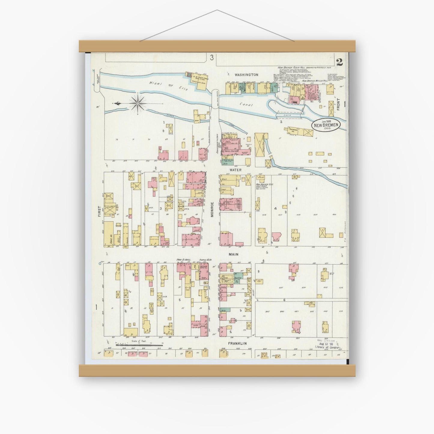 Old map wall art mockup — magnetic wood frame on white wall — Sanborn Fire Insurance Map from New Bremen, Auglaize County, Ohio (1899), Sheet #0002