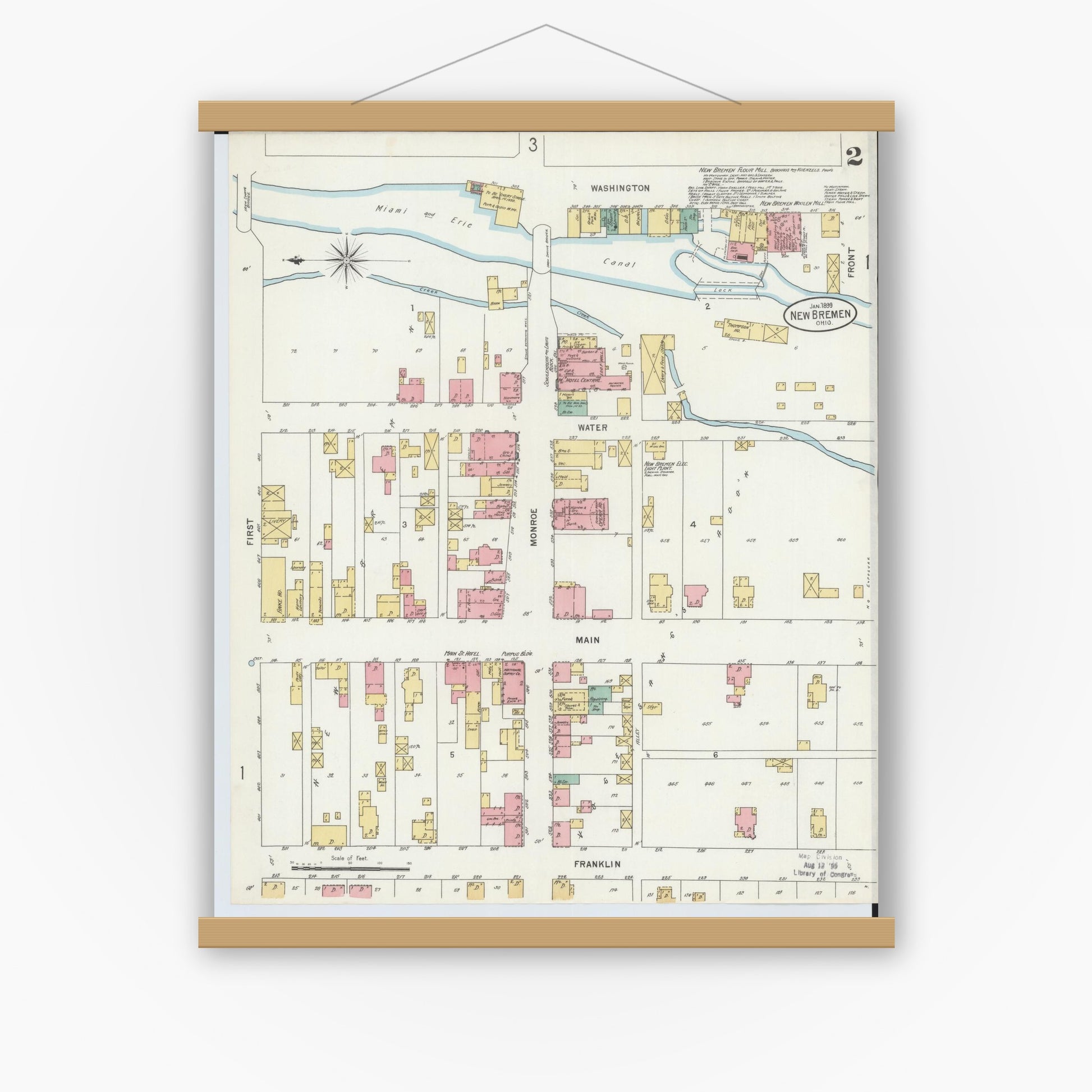 Old map wall art mockup — magnetic wood frame on white wall — Sanborn Fire Insurance Map from New Bremen, Auglaize County, Ohio (1899), Sheet #0002