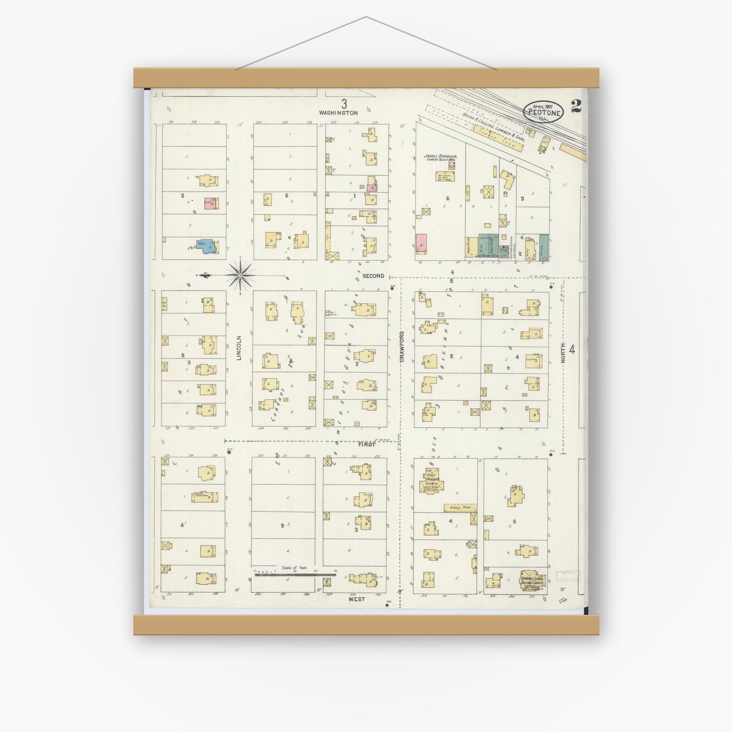 Old map wall art mockup — magnetic wood frame on white wall — Sanborn Fire Insurance Map from Peotone, Will County, Illinois (1907), Sheet #0002