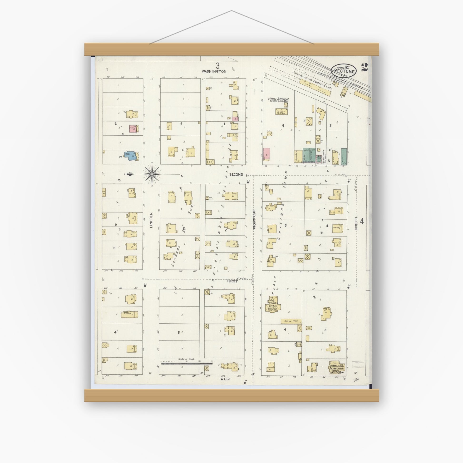 Old map wall art mockup — magnetic wood frame on white wall — Sanborn Fire Insurance Map from Peotone, Will County, Illinois (1907), Sheet #0002