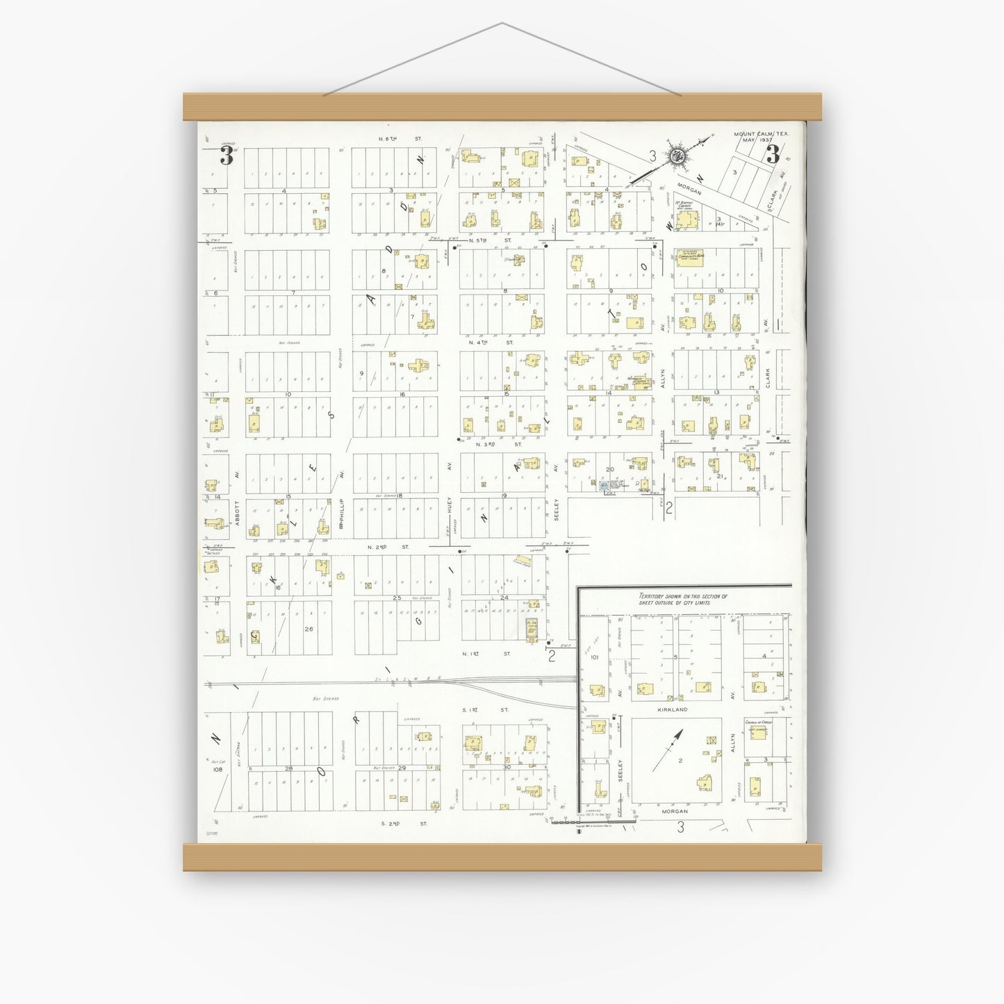 Old map wall art mockup — magnetic wood frame on white wall — Sanborn Fire Insurance Map from Mount Calm, Hill County, Texas (1937), Sheet #0003