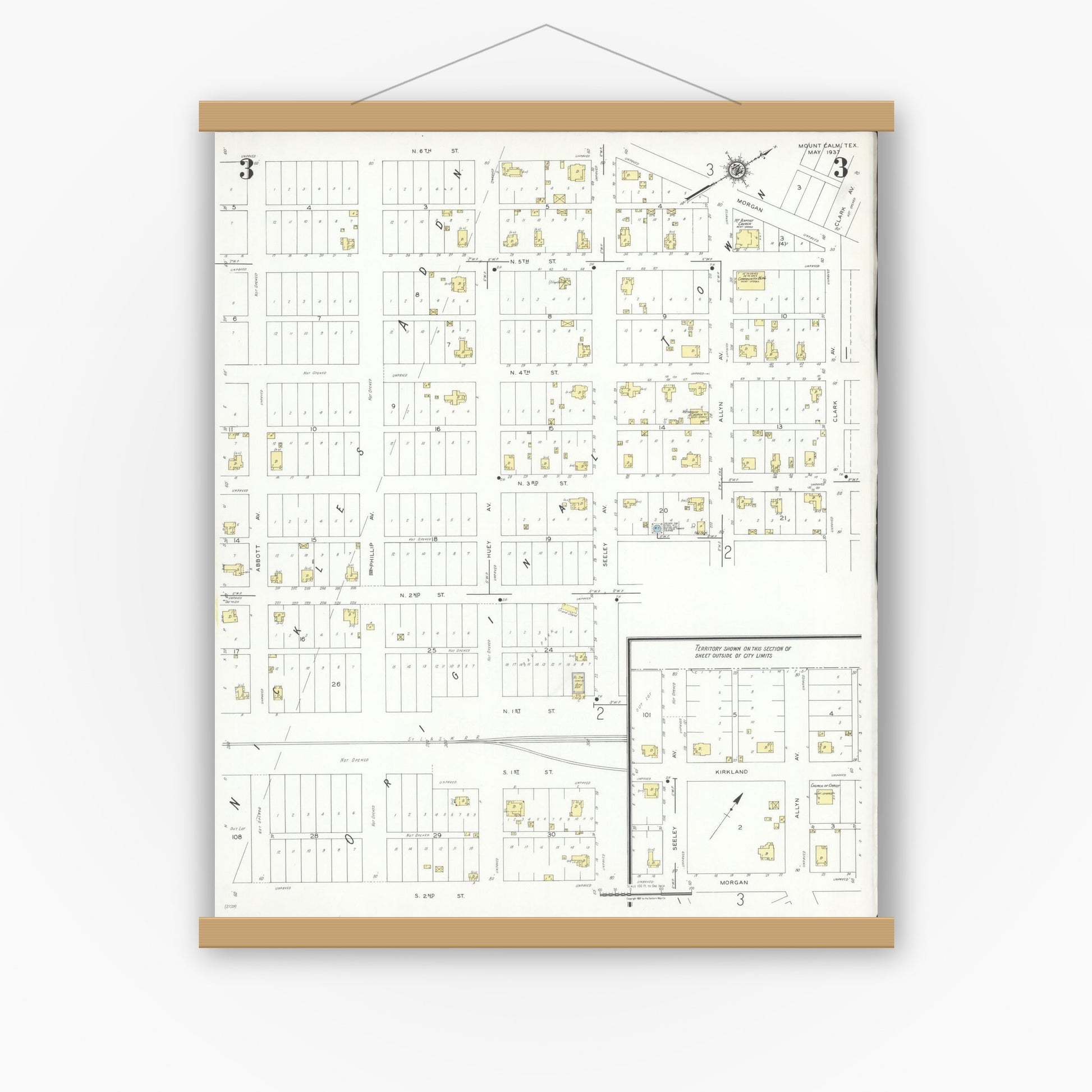 Old map wall art mockup — magnetic wood frame on white wall — Sanborn Fire Insurance Map from Mount Calm, Hill County, Texas (1937), Sheet #0003