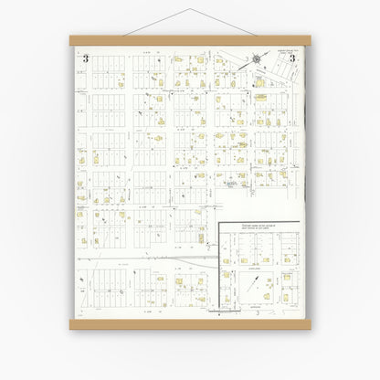 Old map wall art mockup — magnetic wood frame on white wall — Sanborn Fire Insurance Map from Mount Calm, Hill County, Texas (1937), Sheet #0003