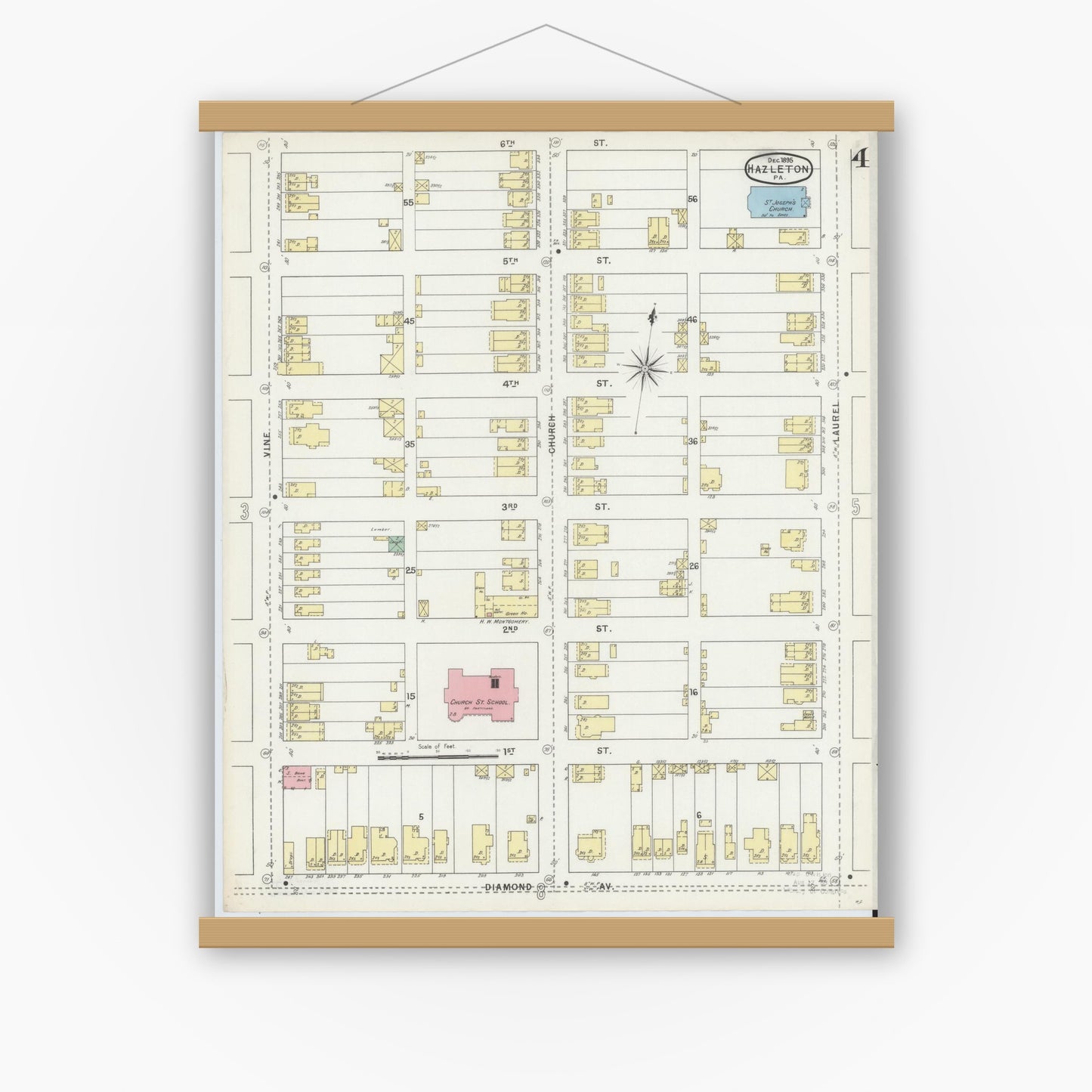 Old map wall art mockup — magnetic wood frame on white wall — Sanborn Fire Insurance Map from Hazleton, Luzerne County, Pennsylvania (1895), Sheet #0004