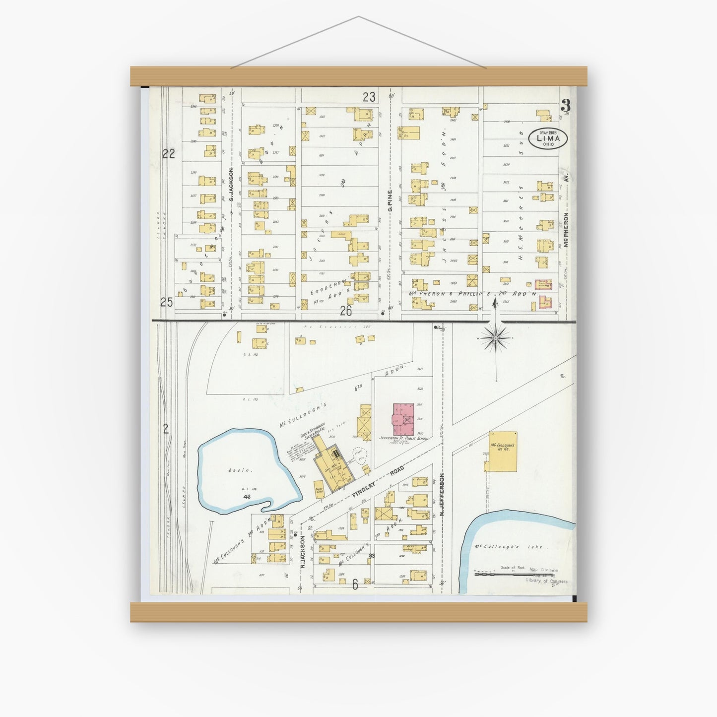 Old map wall art mockup — magnetic wood frame on white wall — Sanborn Fire Insurance Map from Lima, Allen County, Ohio (1905), Sheet #0003