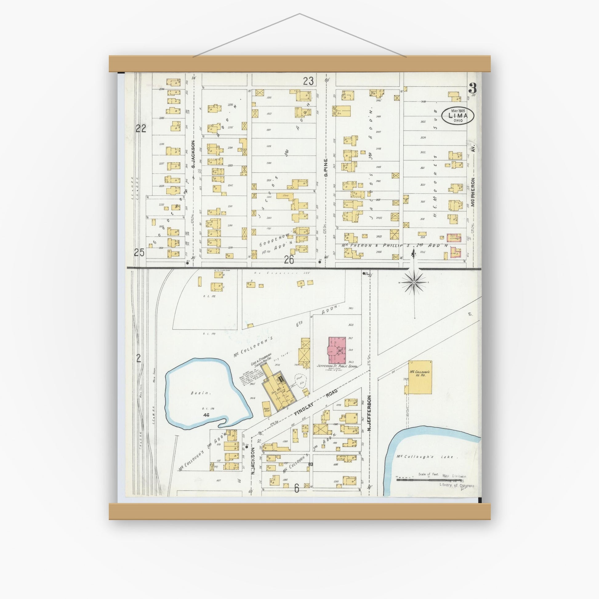 Old map wall art mockup — magnetic wood frame on white wall — Sanborn Fire Insurance Map from Lima, Allen County, Ohio (1905), Sheet #0003