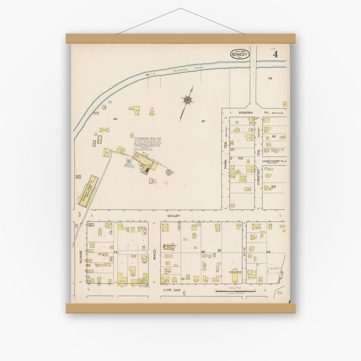 Old map wall art mockup — magnetic wood frame on white wall — Sanborn Fire Insurance Map from Kenedy, Karnes County, Texas (1922), Sheet #0004