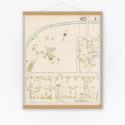 Old map wall art mockup — magnetic wood frame on white wall — Sanborn Fire Insurance Map from Kenedy, Karnes County, Texas (1922), Sheet #0004