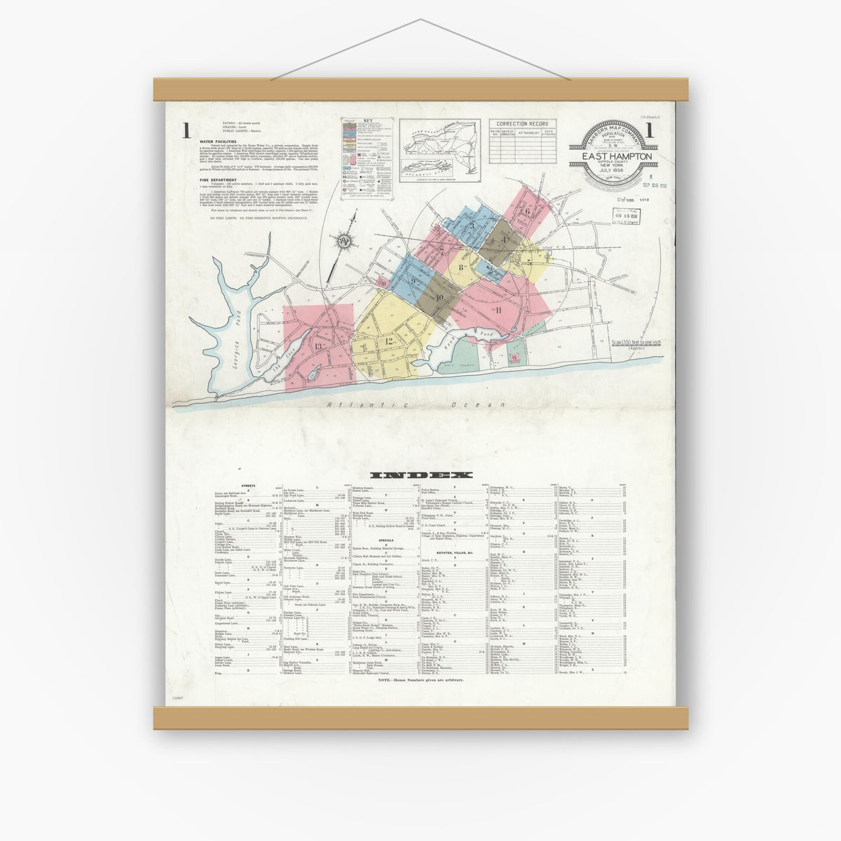 Old map wall art mockup — magnetic wood frame on white wall — Sanborn Fire Insurance Map from Easthampton, Suffolk County, New York (1936) - Complete Map Set