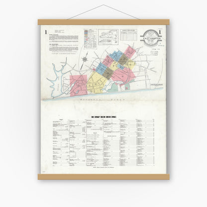 Old map wall art mockup — magnetic wood frame on white wall — Sanborn Fire Insurance Map from Easthampton, Suffolk County, New York (1936) - Complete Map Set