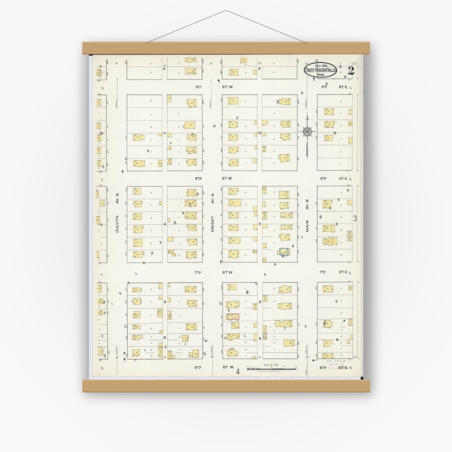 Old map wall art mockup — magnetic wood frame on white wall — Sanborn Fire Insurance Map from Thief River Falls, Pennington County, Minnesota (1916), Sheet #0002