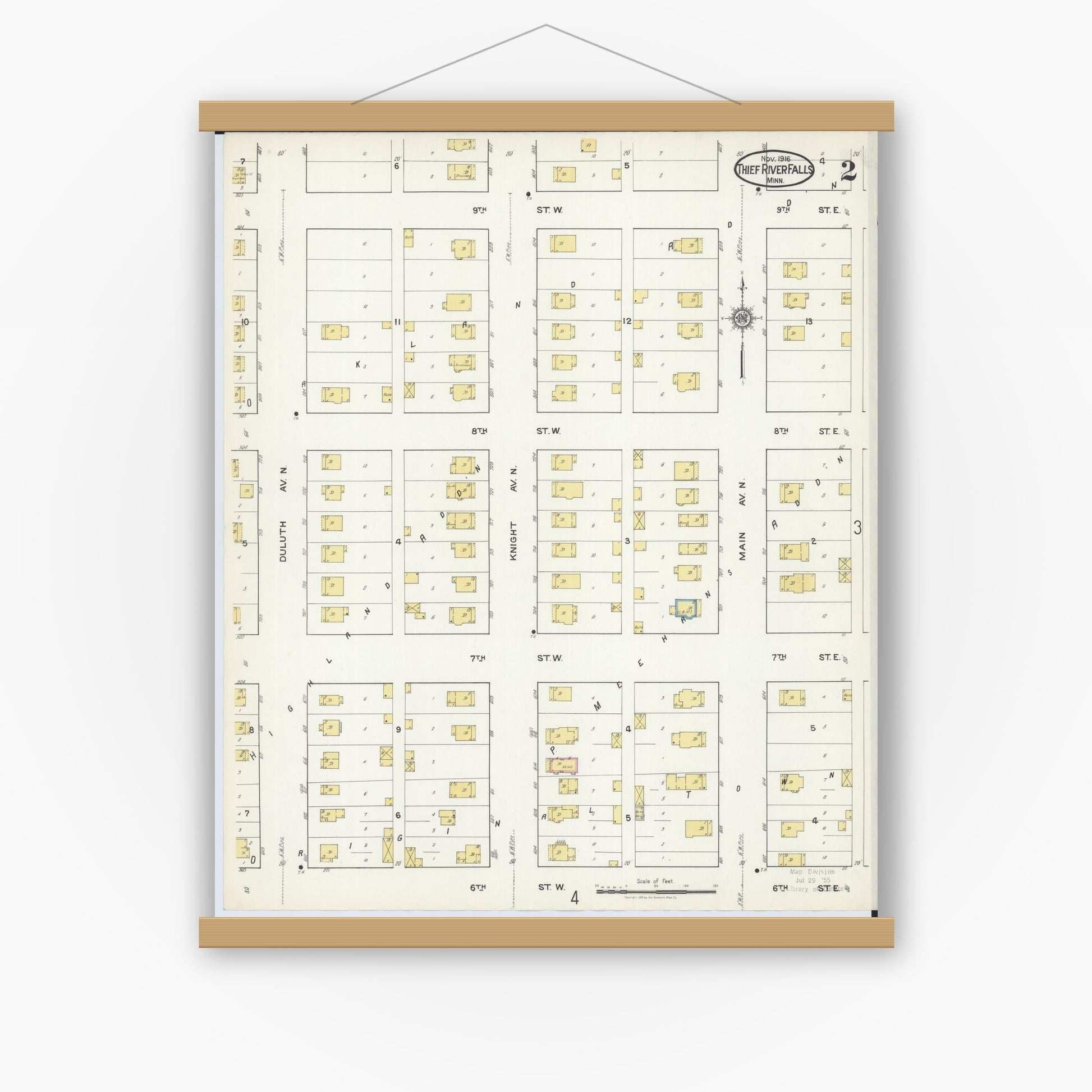 Old map wall art mockup — magnetic wood frame on white wall — Sanborn Fire Insurance Map from Thief River Falls, Pennington County, Minnesota (1916), Sheet #0002