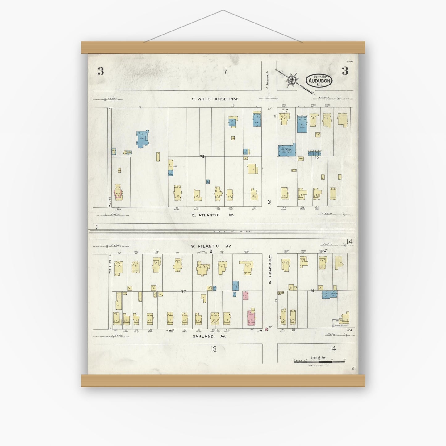 Old map wall art mockup — magnetic wood frame on white wall — Sanborn Fire Insurance Map from Audubon, Camden County, New Jersey (1924), Sheet #0003