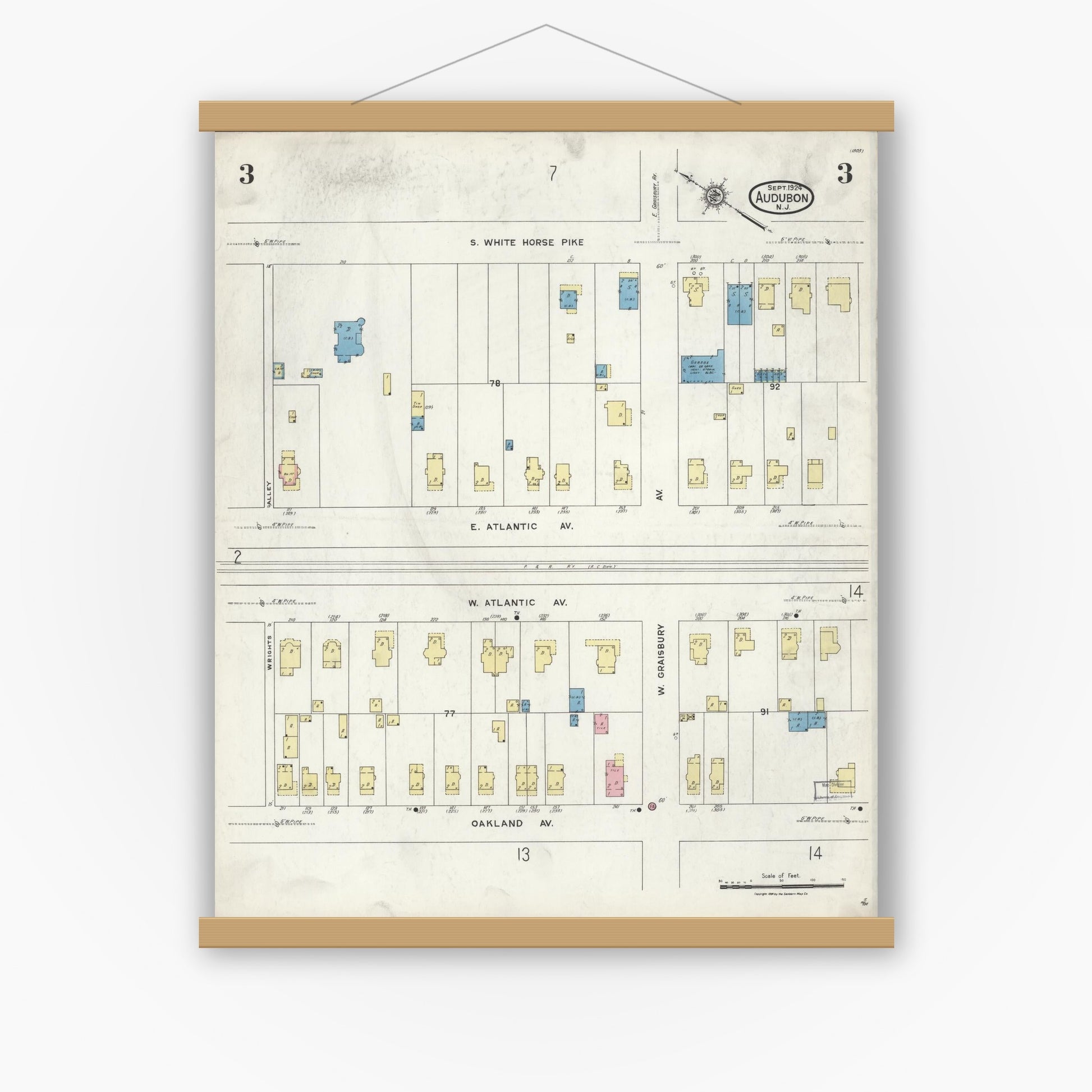 Old map wall art mockup — magnetic wood frame on white wall — Sanborn Fire Insurance Map from Audubon, Camden County, New Jersey (1924), Sheet #0003