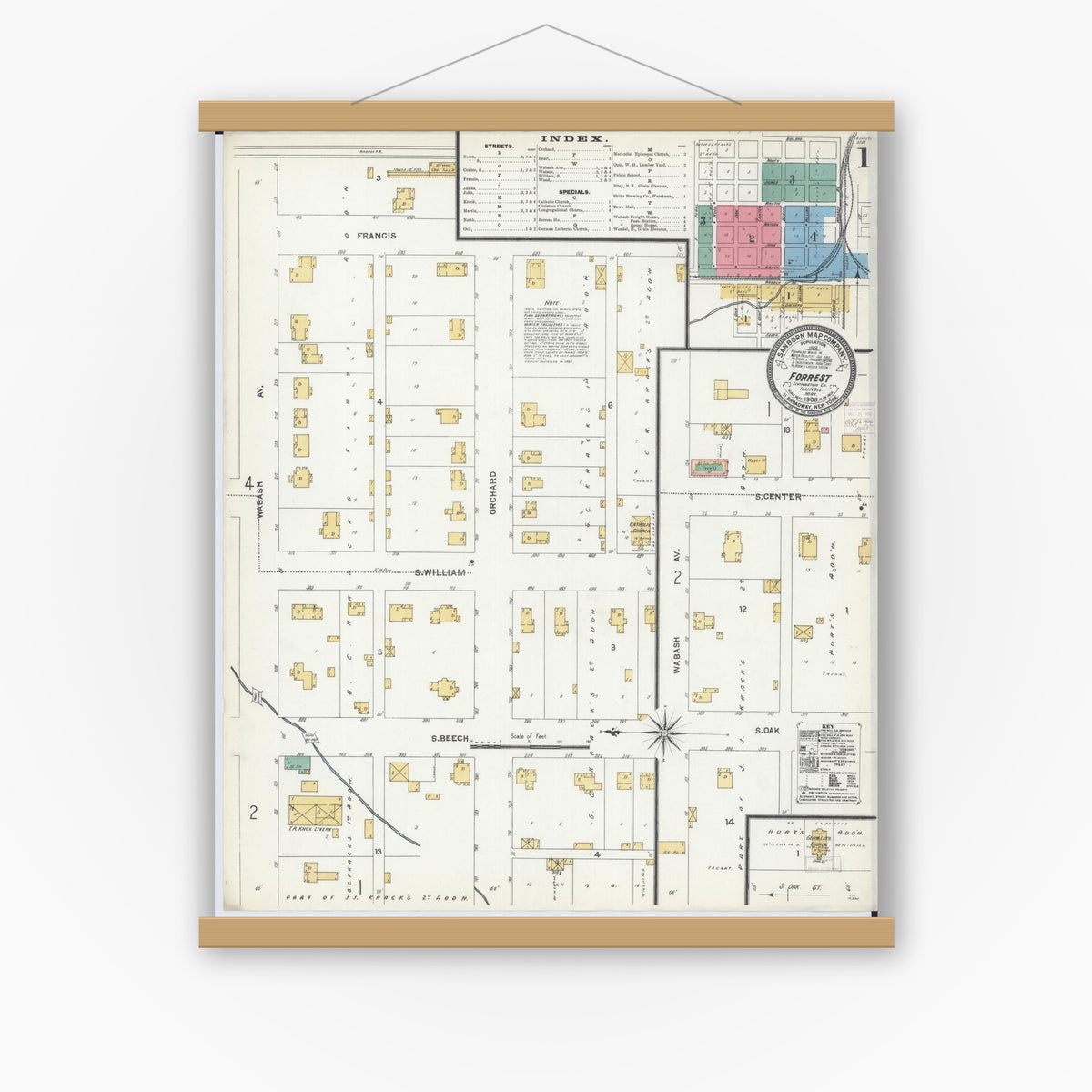 Old map wall art mockup — magnetic wood frame on white wall — Sanborn Fire Insurance Map from Forrest, Livingston County, Illinois (1906) - Complete Map Set