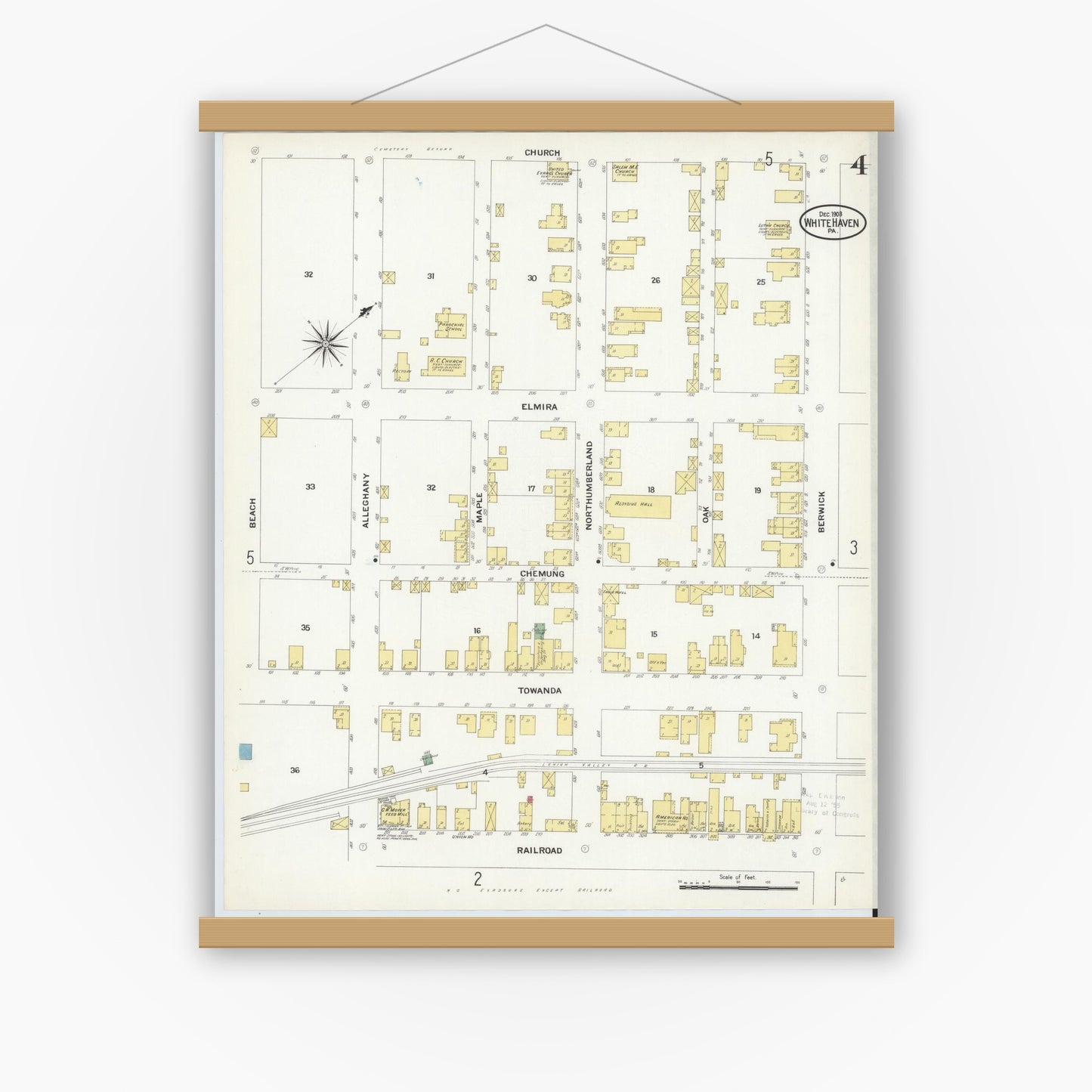 Old map wall art mockup — magnetic wood frame on white wall — Sanborn Fire Insurance Map from White Haven, Luzerne County, Pennsylvania (1908), Sheet #0004