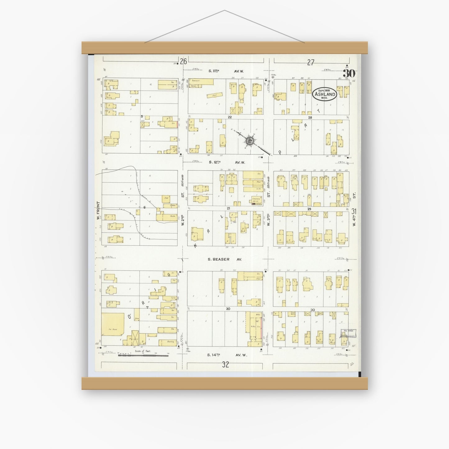 Old map wall art mockup — magnetic wood frame on white wall — Sanborn Fire Insurance Map from Ashland, Ashland County, Wisconsin (1909), Sheet #0030