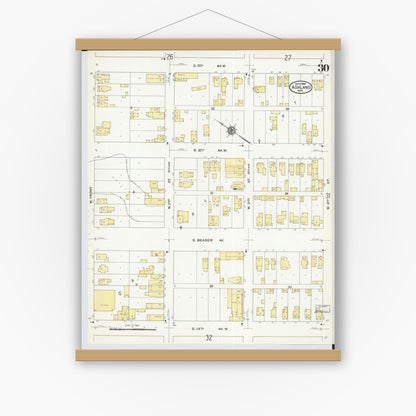 Old map wall art mockup — magnetic wood frame on white wall — Sanborn Fire Insurance Map from Ashland, Ashland County, Wisconsin (1909), Sheet #0030