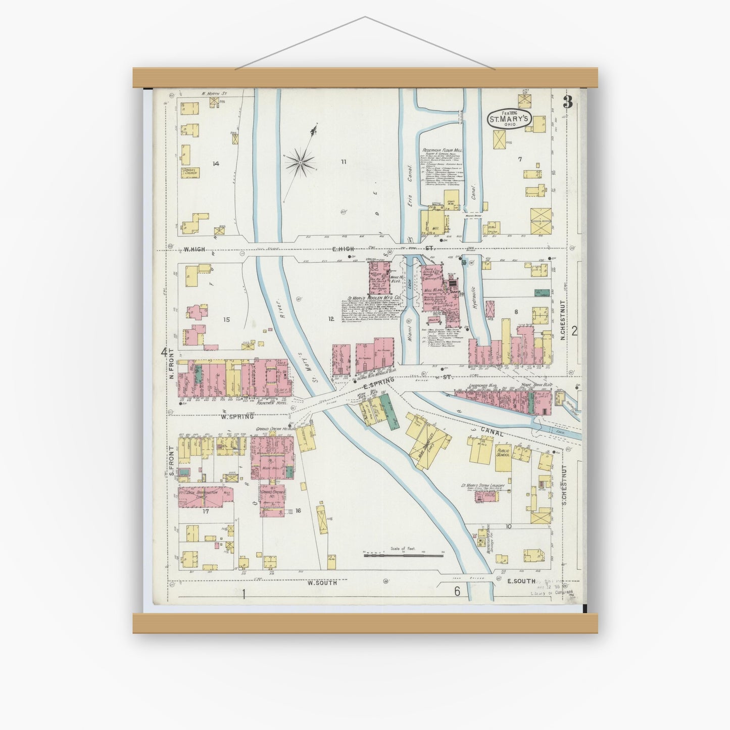 Old map wall art mockup — magnetic wood frame on white wall — Sanborn Fire Insurance Map from Saint Marys, Auglaize County, Ohio (1896), Sheet #0003