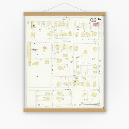 Old map wall art mockup — magnetic wood frame on white wall — Sanborn Fire Insurance Map from Paris, Lamar County, Texas (1908), Sheet #0015