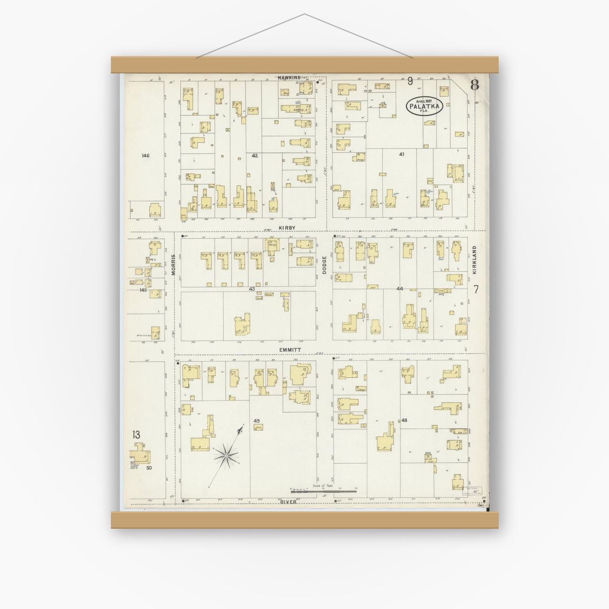 Old map wall art mockup — magnetic wood frame on white wall — Sanborn Fire Insurance Map from Palatka, Putnam County, Florida (1897), Sheet #0008