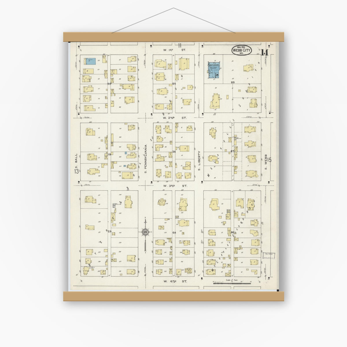 Old map wall art mockup — magnetic wood frame on white wall — Sanborn Fire Insurance Map from Webb City, Jasper County, Missouri (1915), Sheet #0014
